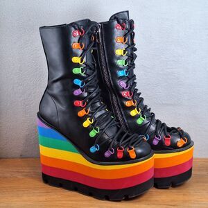 Club Exx Women's 8 Lisa Lace-Up Platform Boots Rainbow Pride LGBTQ Y2K Alt